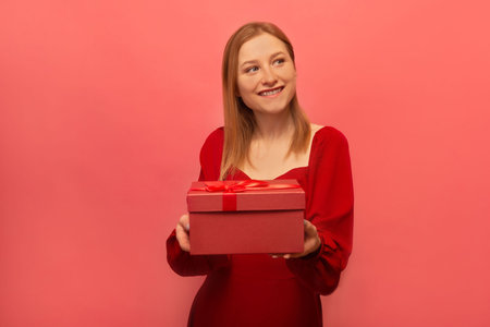 Happy smiling stylish girl holding present gift box and looking aside on pink background. Girl in red dress celebrating birthday, St Valentine's Day or International Women's Day.の写真素材