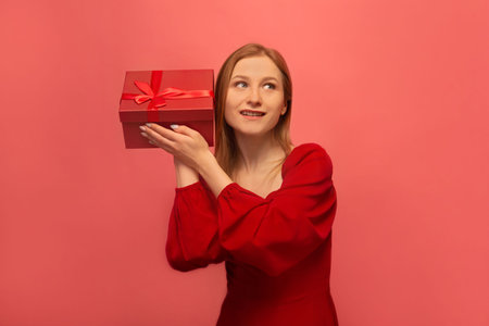 Excited dreaming young woman holding present gift box and looking up on pink background. Girl in red dress celebrating St Valentine's Day, International Women's Day or birthday.の写真素材