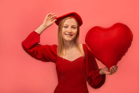 Smiling happy stylish girl in red dress holding beret, showing heart shaped air balloon and looking at camera isolated on pink background. Saint Valentines Day celebrating.の写真素材