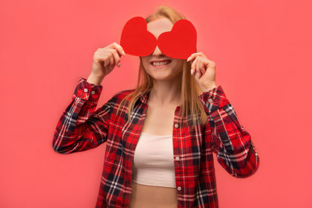 Playful smiling excited girl holding two red paper valentines heart cards closing to eyes or covering eyes red heart figures and wearing checkered plaid shirt on pink background.の写真素材
