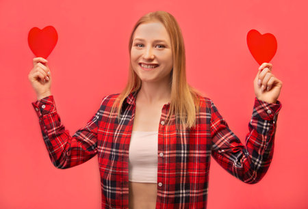 Happy smiling woman holding two red paper valentines heart cards, wearing checkered plaid shirt and looking at camera on pink background. Saint Valentines day or love concept.の写真素材