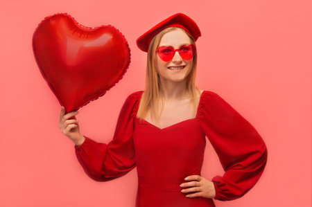 Happy smiling stylish girl holding red heart shaped air balloon, wearing red dress, beret with trendy heart shaped glasses, keep hand on hip and looking up on pink background.の写真素材