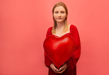 Young blonde woman holding red heart shaped air balloon, wearing red dress with heart earrings and looking at camera isolated on pink background. St Valentines day concept.の写真素材