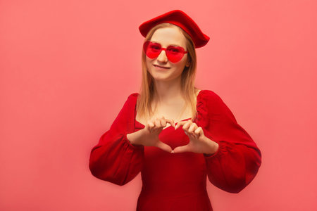 Young woman making heart gesture sign with fingers or showing heart shape and looking at camera on pink background. Stylish girl in red dress with beret and heart shaped glasses.の写真素材