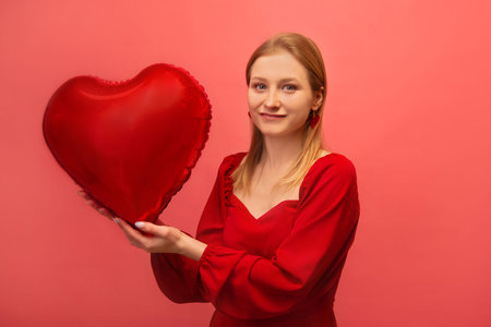 Stylish young woman holding heart shaped air balloon, wearing red dress with heart earrings and looking at camera on pink background. Saint Valentines Day or birthday celebration.の写真素材