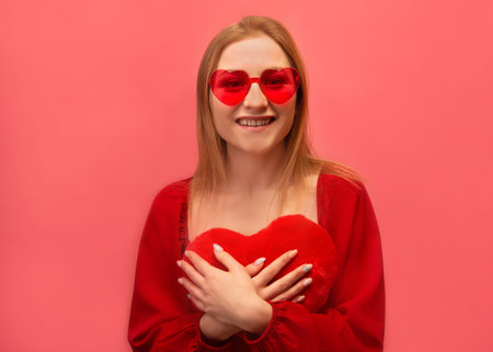 Excited smiling happy young woman holding toy heart close to chest and wearing red dress with trendy heart glasses isolated on pink background. St Valentines Day and love concept.の写真素材