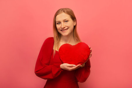 Happy smiling cheerful blonde girl showing toy heart and looking at camera on pink background. woman celebrating Saint Valentines Day or International Womens Day in red dress.の写真素材