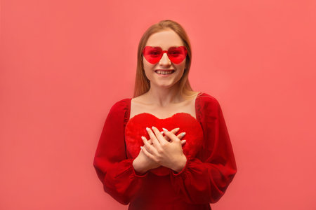 Excited happy smiling woman holding red toy heart close to chest and wearing red dress with trendy heart glasses isolated on pink background. St. Valentine's Day celebration concept.の写真素材