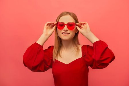 Happy smiling blonde girl in red sleeved dress holding trendy heart glasses and looking at camera isolated on pink background. St Valentines Day celebration concept.の写真素材