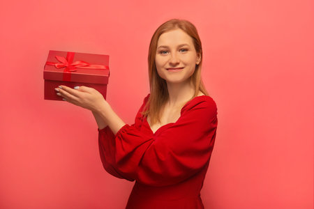 Happy smiling cheerful blonde girl in red dress holding present gift with bow on pink background. St Valentines Day, International Women's Day or March 8 celebration concept.の写真素材