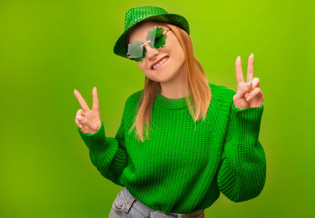 St Patrick's Day concept: happy smiling young woman in green sweater, clover shaped glasses with hat showing peace gesture v sign isolated on green background.の写真素材
