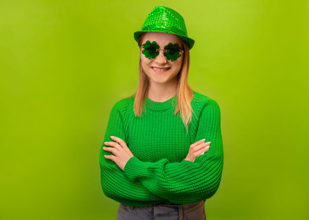Happy smiling woman keeping crossed arms or holding crossed hands and wearing green sweater, party hat with clover shaped glasses isolated on green background. St. Patrick's Day.の写真素材