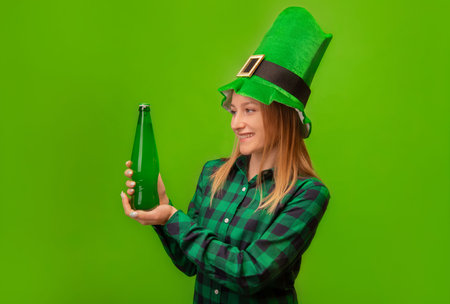 Happy smiling girl wearing St Patricks Day leprechaun green hat with checkered plaid shirt, recommending irish alcoholic drink and looking at green beer bottle on green background.の写真素材