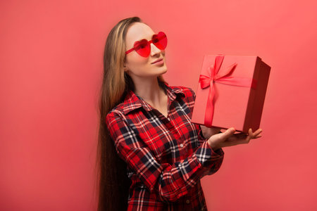 Happy dreaming young woman in red heart shaped glasses holding present gift box, wearing checkered plaid shirt or checked shirt and looking up isolated on pink background.の写真素材