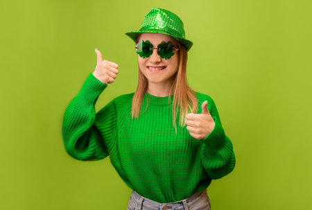 Happy smiling young woman in green sweater, clover shaped glasses and party hat showing thumbs up or holding hands with fingers up isolated on green background. St. Patrick's day.の写真素材