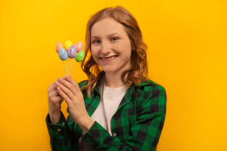 Happy smiling girl holds small colored painted dyed easter eggs sticks, wears green checkered plaid...