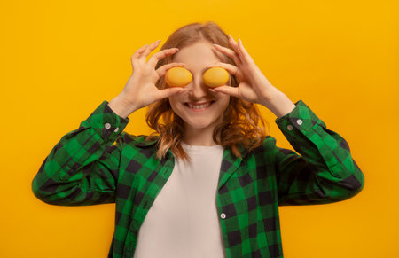 Happy smiling young woman holding two yellow painted easter eggs or two colored dyed easter eggs near eyes making joyful face expression isolated on yellow background. Easter Day.の写真素材