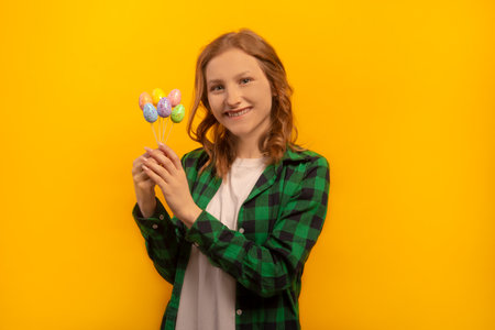 Happy smiling woman holding small painted dyed easter eggs on sticks, wearing green checkered plaid shirt with white shirt and celebrating Easter Day isolated on yellow background.の写真素材