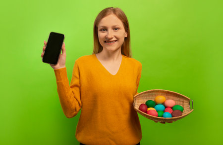 Happy smiling girl holding wicker basket with multicolored painted dyed easter eggs and showing empty mobile phone black screen mock up isolated on green background.の写真素材