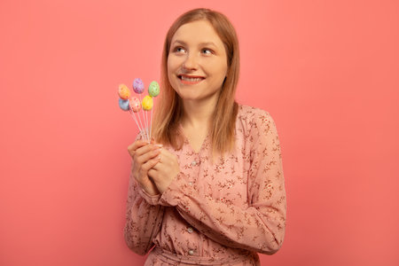 Happy smiling dreamy girl holding small multicolored painted dyed easter eggs sticks, wearing spring floral pink dress and looking up isolated on pink background. Easter concept.の写真素材