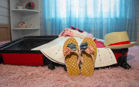 Preparing for summer holidays vacations: open red suitcase with flower beach slippers, female clothes, straw hat and sunglasses on bed at woman bedroom. Packing things for travel.の写真素材