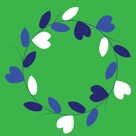 Circular wreath for eco style with leaves and hearts on a green background. Emblem or pictogramの写真素材