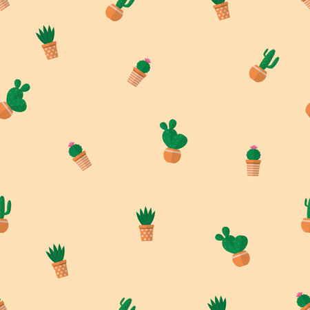 Pattern - cacti in pots on a delicate yellow background.の写真素材