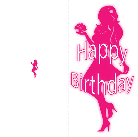 Greeting folding card for a young girl. With a pink silhouette of a girl with the inscription happy birthday.の写真素材