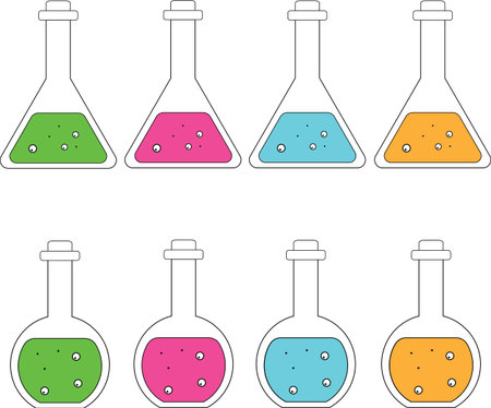 Chemical flasks with color solutions, round and triangular.の写真素材