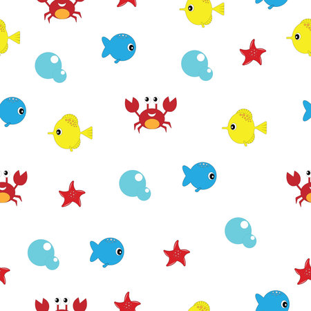 Pattern - Ioranians (fish, crab, bubble, stallion, starfish) on a white background. For textiles, gift paper.のイラスト素材