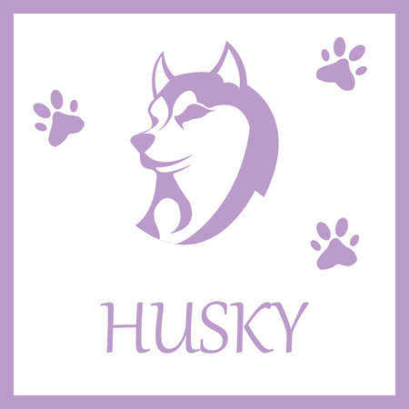 Greeting card husky silhouette. Very beautiful dog with text and paw prints.の写真素材