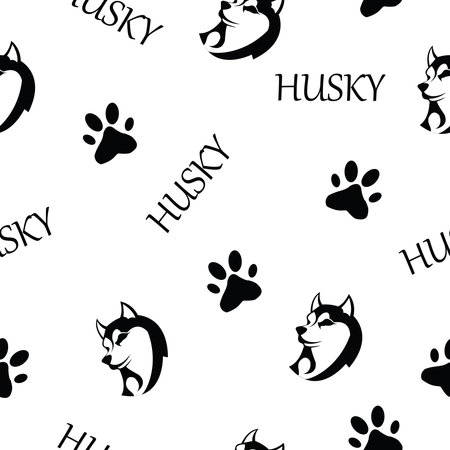 Pattern - husky silhouette. Very beautiful dog with text and paw prints. Black colorのイラスト素材