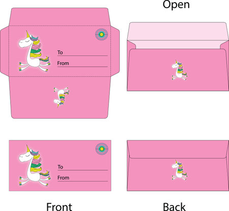 Pink gift envelope mockup, with pony and rainbow.の写真素材