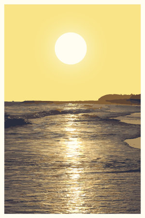 Postcard - sea sunset, sun reflected in water, vector illustration.のイラスト素材