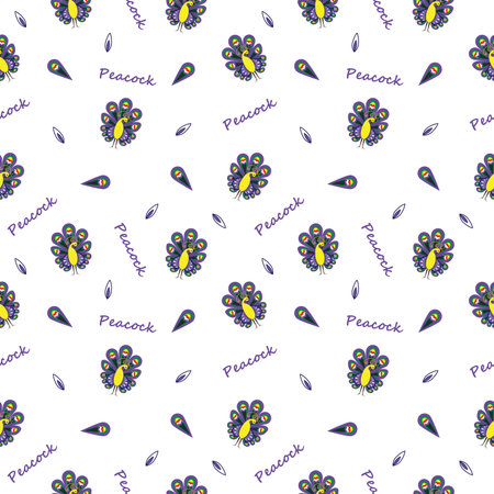 Pattren - peacock, feather, inscription. Violet, yellow, green tones on a white background.の写真素材
