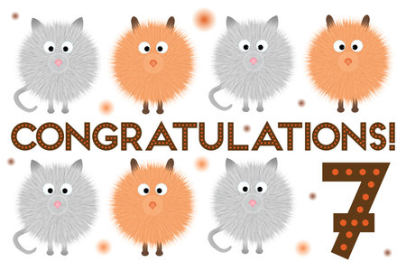 Congratulations, happy birthday, happy holiday, cat and dog, cartoons, inscription, girl, boy, seven years old, 7, seven, 7 years old, 7 animals, seven animals, white backgroundの写真素材