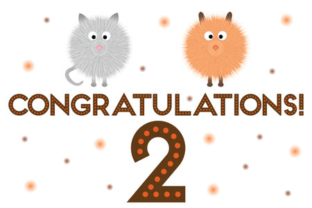 Postcard - congratulations! 2th anniversary. With fluffy cartoon dogs and cats on a white background with a number.の写真素材