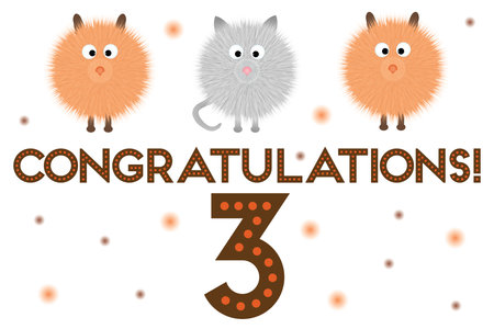 Postcard - congratulations! 3th anniversary. With fluffy cartoon dogs and cats on a white background with a number.の写真素材