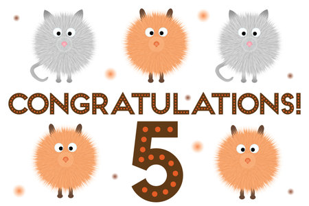 Postcard - congratulations! 5th anniversary. With fluffy cartoon dogs and cats on a white background with a number.の写真素材