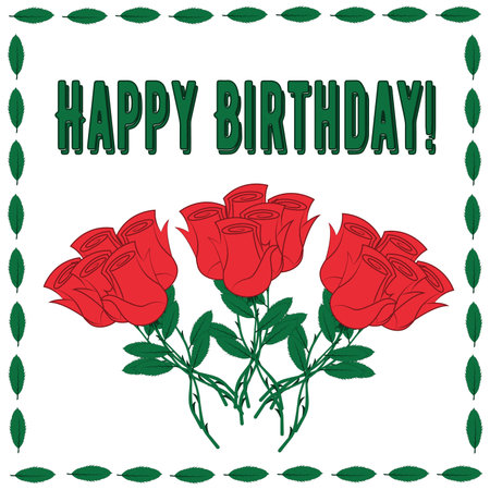A square card with bouquets of roses, with a frame of a petal (leaves) and a lettering. Happy Birthday.のイラスト素材