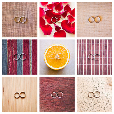  The collage of  wedding rings on a different surfacesの写真素材