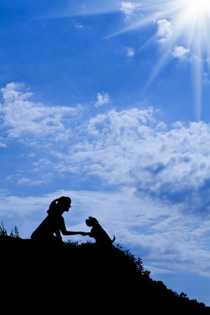 silhouette of girl train a dogの写真素材