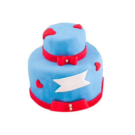 blue valentine cake isolated and decorated with red heartsの写真素材