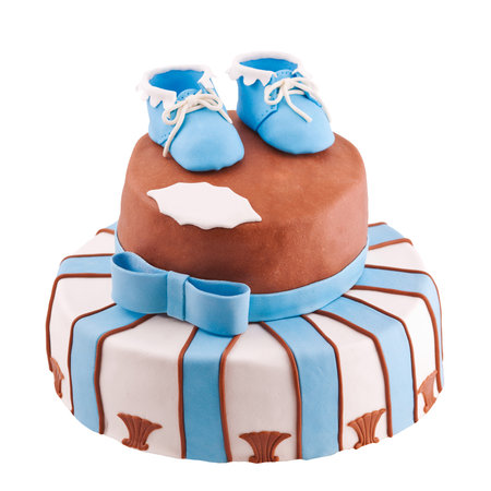 isolated striped cake with baby booteeの写真素材