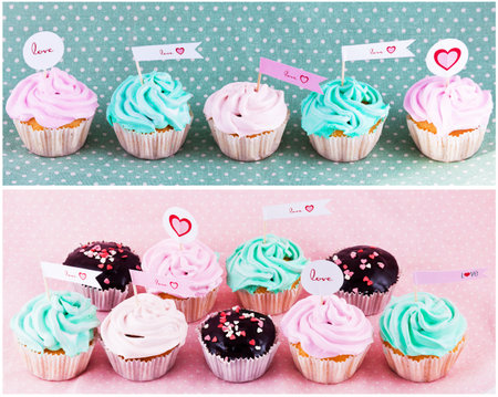 chokolate cupcakes with hearts on pink backgroundの写真素材
