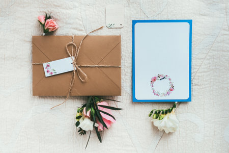 Flloral concept with invitation template. Top viewの写真素材