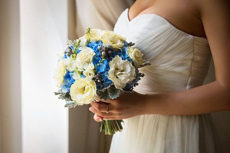 Bride holding delicate marriage bouquetの写真素材