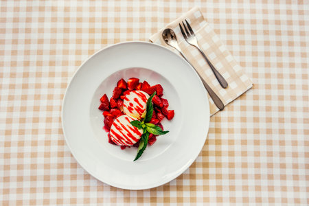 Strawberry ice cream dish with fresh strawberryの写真素材
