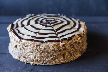 Delicious cake with nut chip and dark chocolate decorationの写真素材