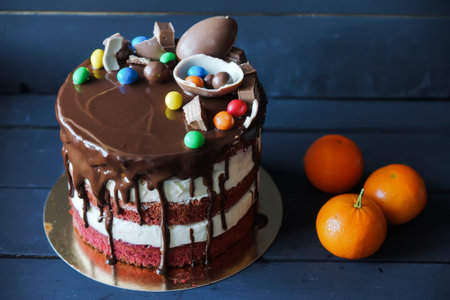 Beautiful cake with m-n-m, kinder and peace of chocolate, tangerines